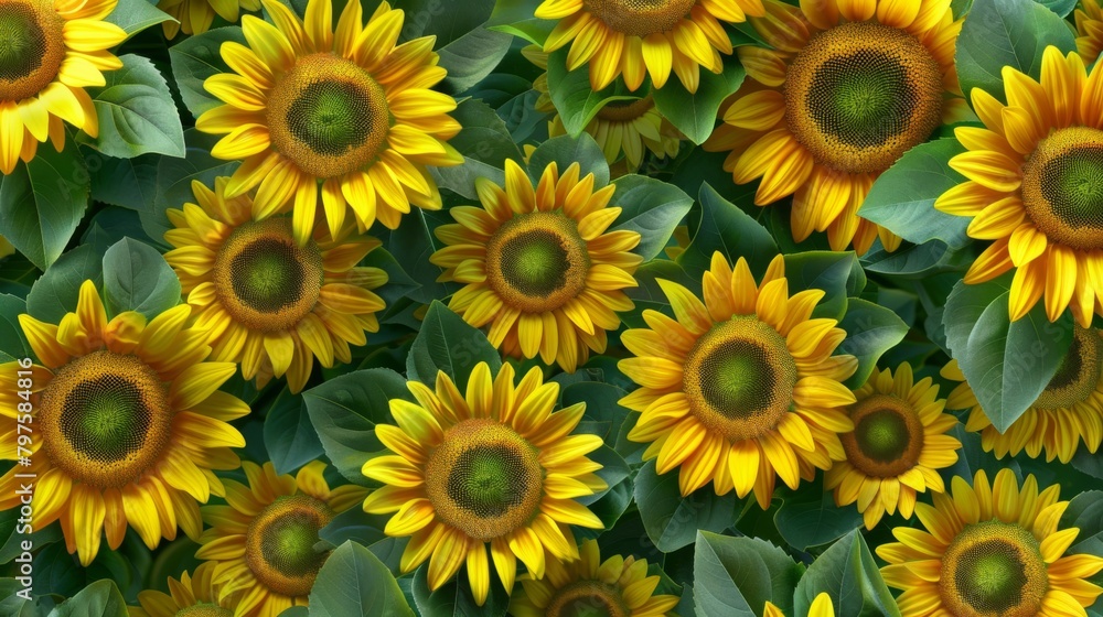 A pattern of sunflowers with vibrant yellow petals and green leaves A pattern of sunflowers with vibrant yellow petals and green leaves