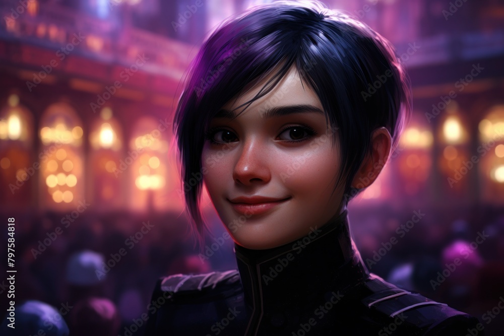a woman with short hair wearing a black jacket a woman with short hair wearing a black jacket