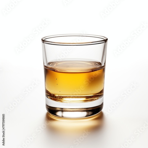 A neat glass of whiskey with a warm amber hue and reflective surface on a white background photo