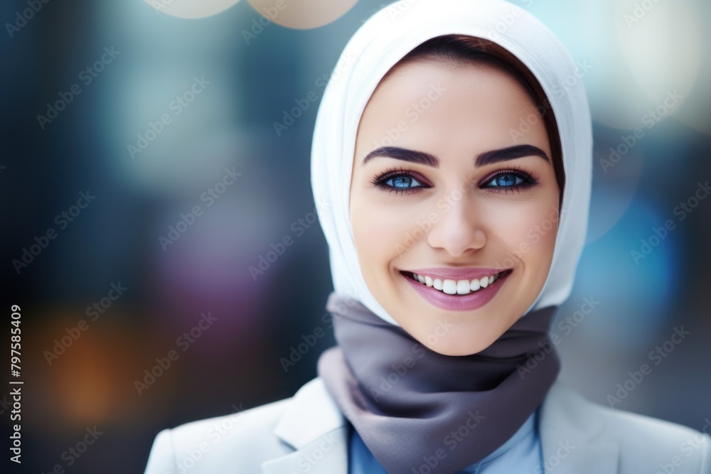 a woman wearing a head scarf smiling a woman wearing a head scarf smiling