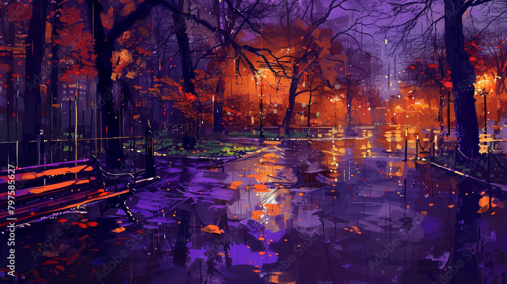 Vibrant hues on wet asphalt in a lonely park at night, rendered in expressionist style.