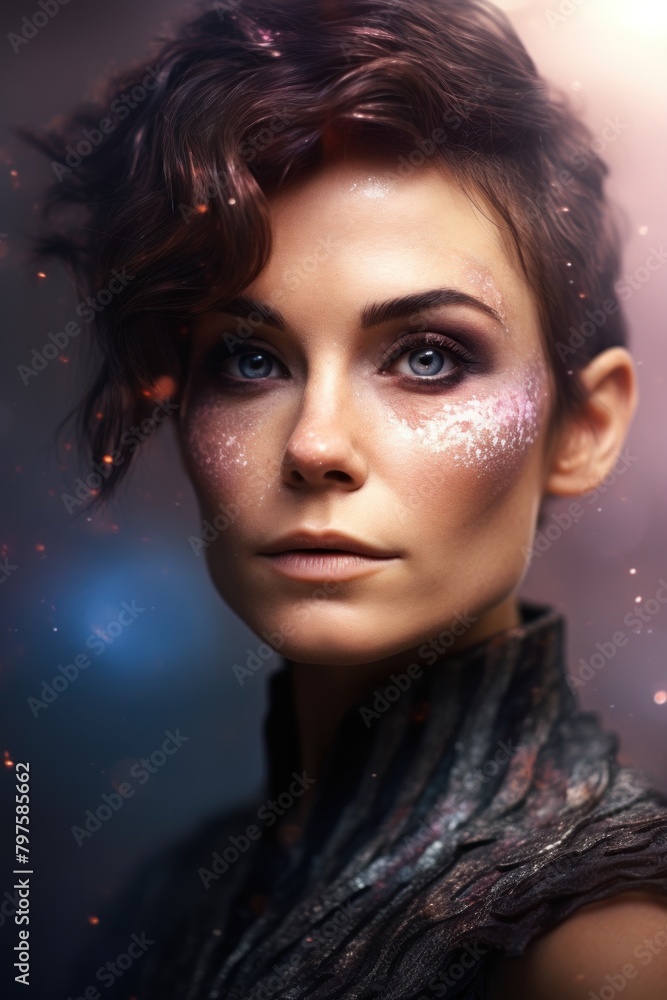 a woman with short brown hair and glittery makeup a woman with short brown hair and glittery makeup