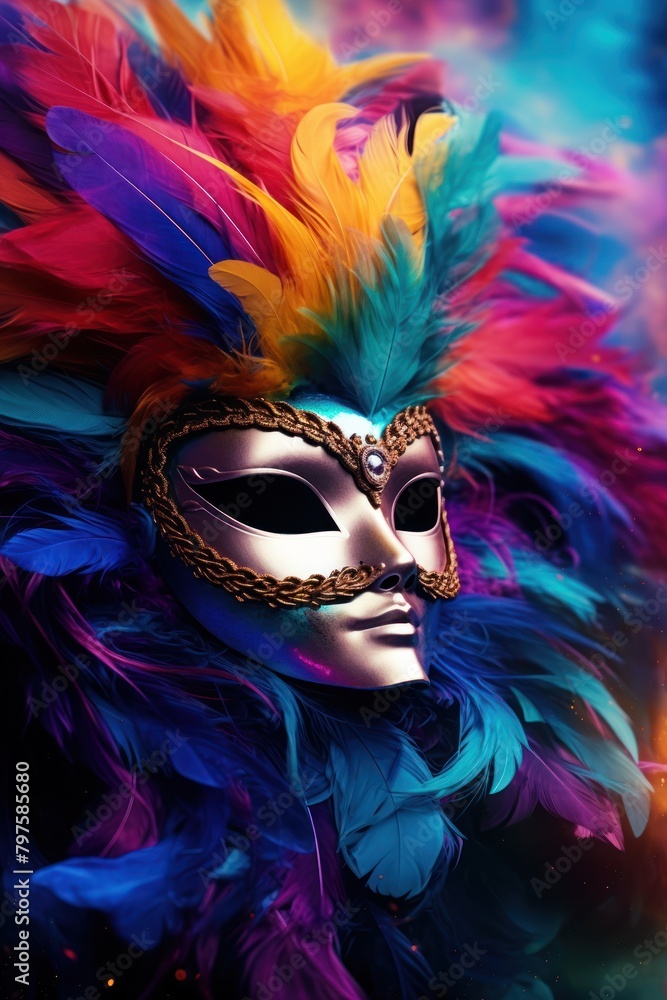 a colorful feathered mask