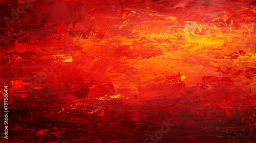 Abstract grunge-style oil painting with fiery red and burnt orange strokes evoking the beauty of a sunset sky.