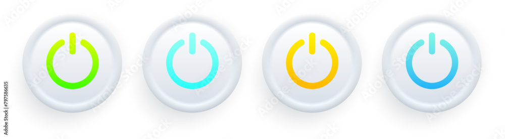 Set of white round buttons with colored power symbols. User interface elements for mobile devices, UI, UX. Set of white round buttons with colored power symbols. User interface elements for mobile devices, UI, UX.