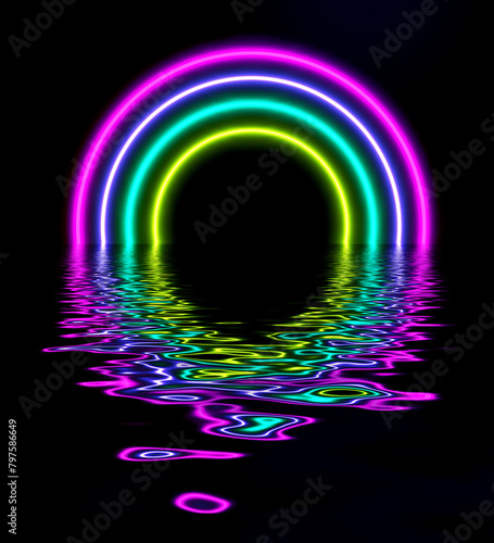 Abstract futuristic background, purple blue neon lights gate with 3D glowing ...
