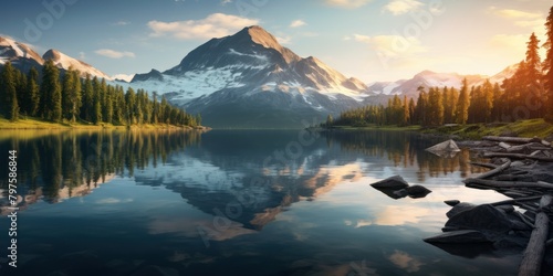 a lake with a mountain in the background photo