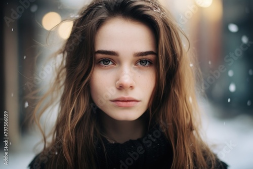 a woman with long hair and a black sweater photo