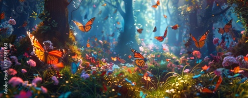 colorful fantasy butterflies in the foreground