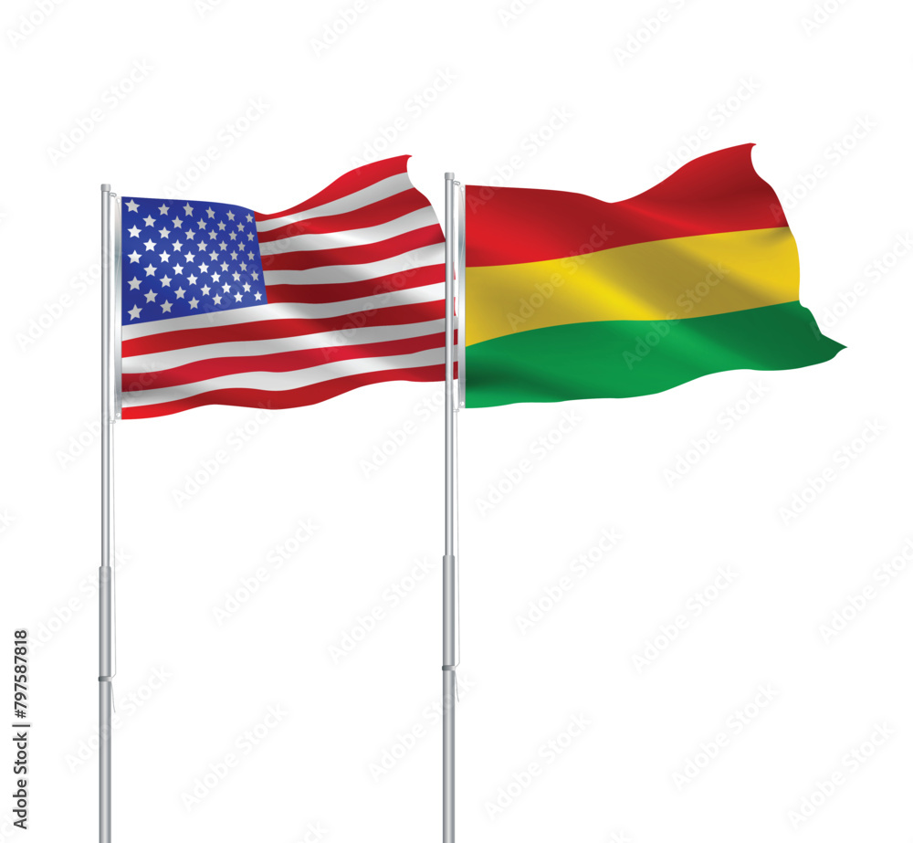 American and Bolivian flags together.USA,Bolivia flags on pole American and Bolivian flags together.USA,Bolivia flags on pole