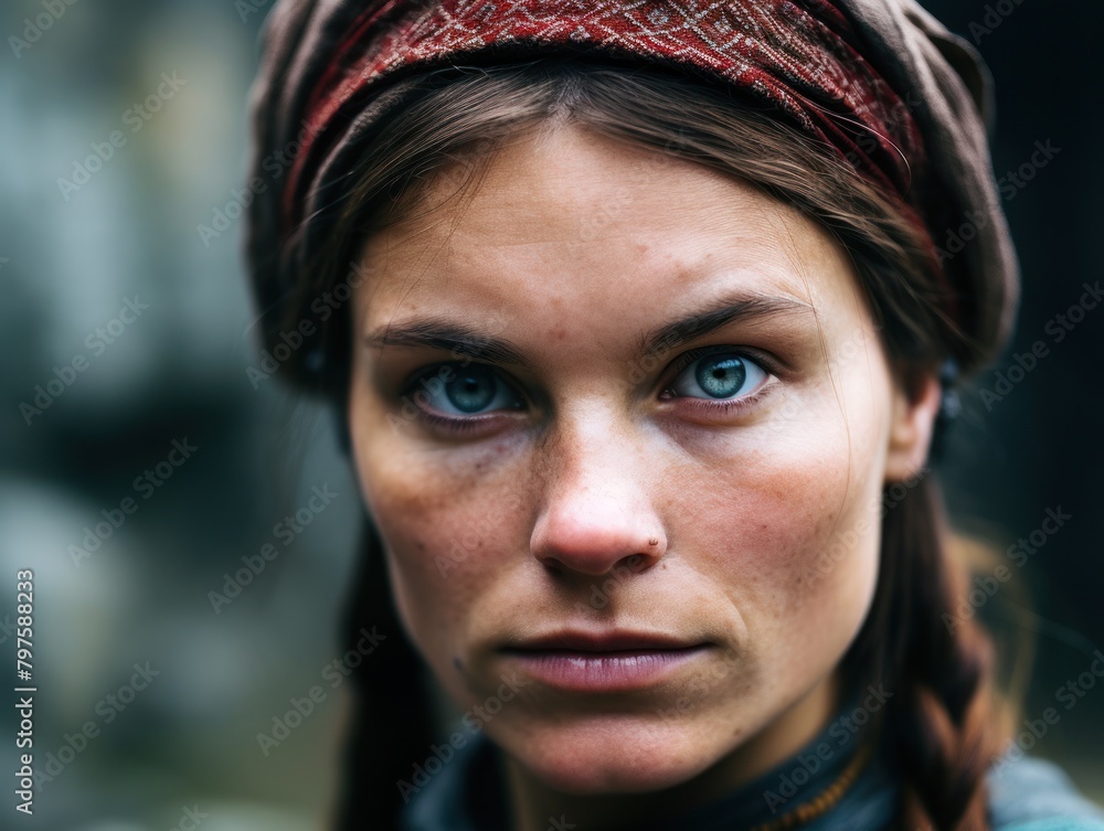 a woman with blue eyes and a red head scarf a woman with blue eyes and a red head scarf