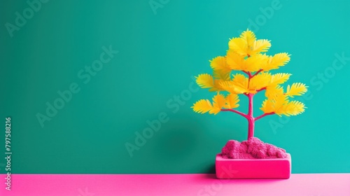 a yellow plant in a pink box