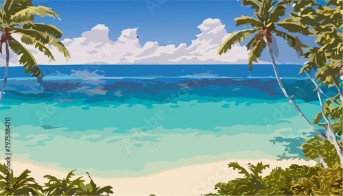 Landscape tropical island and beach with palm trees