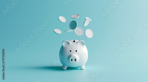 Piggy Bank with Coins Levitating on Light Blue Background