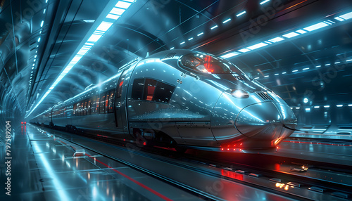 A futuristic silver colored bullet train inside a modern train station photo
