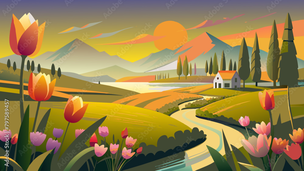 Fototapeta premium Picturesque Sunset Over Tulip Fields and Countryside Landscape. Springtime countryside scene suitable for wallpaper, print, poster design