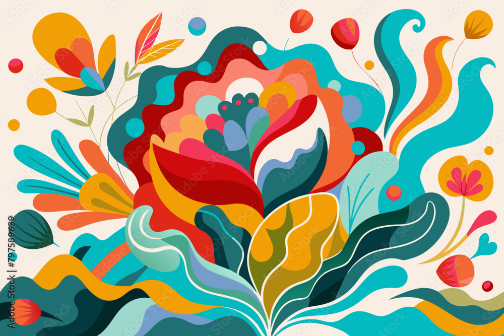 Vibrant Floral Abstract Artwork with Colorful Design Elements. Vector illustration with vibrant colors. Floral design concept for posters, greeting cards, and invitations. Flat composition with a plac