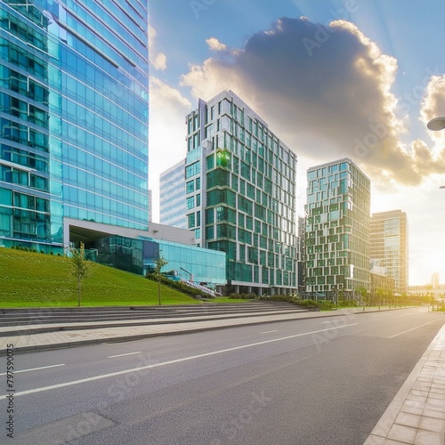 Modern office building or business center. High-rise window buildings made of glass reflect the clouds and the sunlight. empty street outside wall modernity civilization. growing up business © Amli