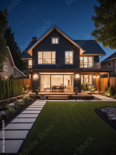 Stylish house with well-lit backyard during nighttime. © xKas