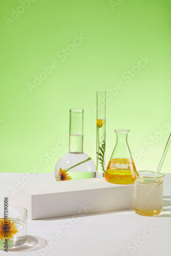 Over the green background, types of laboratory glassware containing liquid extracted from Calendula flowers are arranged. Rectangle podium featured. Platforms cosmetic product presentation