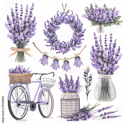 a bunch of lavender flowers in vases next to a bicycle