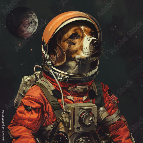 An artistic depiction of a dog astronaut in space.