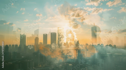 double exposure image showing a city skyline blended with smoggy air can highlight both the cause (air pollution) and its effect (harmful effects on human health and environment). Climate crisis