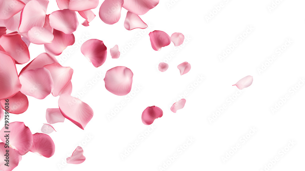 pink rose petals falling isolated on white background with copy space