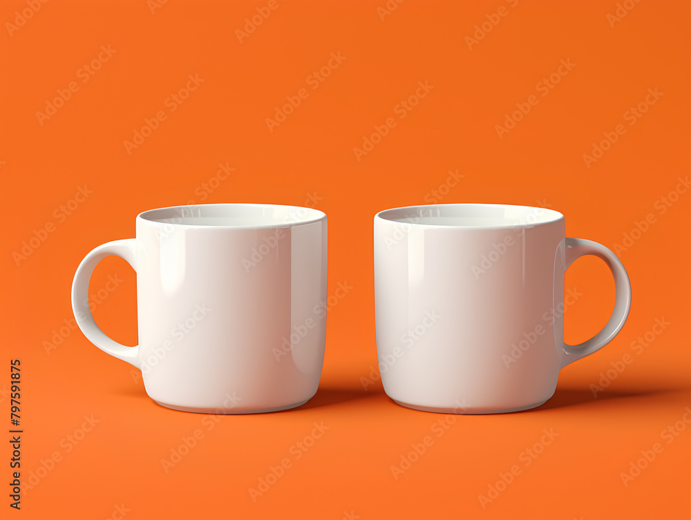 Two white vibrent color modern mug mockup on clean orange background, 3d render 4k, 8k, clean, high resolution, realistic Two white vibrent color modern mug mockup on clean orange background, 3d render 4k, 8k, clean, high resolution, realistic