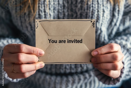 Woman holding a card with the words You are Invited in it photo