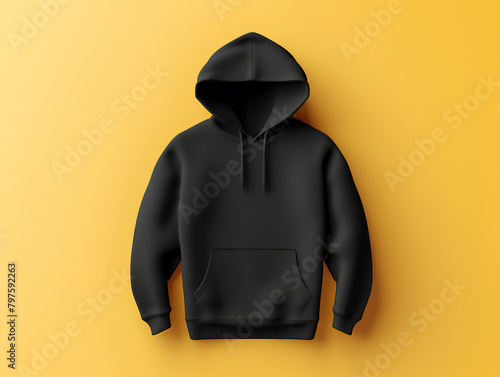 black hoddie mockup on yellow clean background, 3d render 4k, 8k, clean, hd, realistic