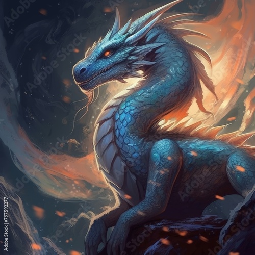 A digital illustration of a majestic azure dragon with glowing eyes perched on a rocky crag. The mythical serpent is surrounded by an ethereal glow and fiery embers, creating a fantastical atmosphere. photo