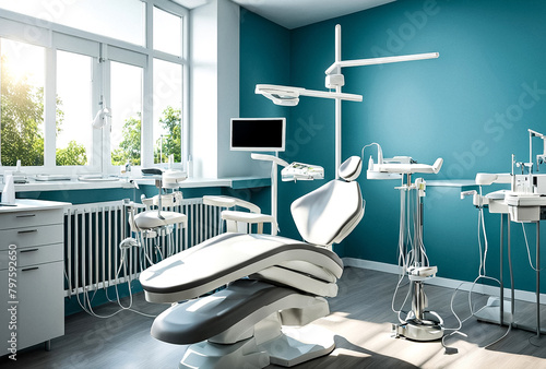 Dental equipment in dentist room in new modern stomatological clinic office. Background of interior dental accessories used by dentists in blue, medic color. Copy space, text place photo