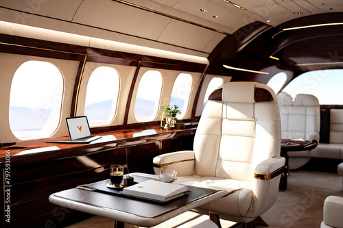 Luxury interior vip private jet with laptop on table, at highest. Modern comfortable business airplane with perfect decor. Passenger service quality in aviation industry concept. Copy ad text space © Alex Vog