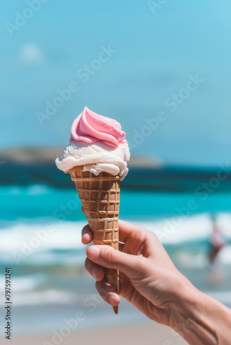 Beachside Refreshment: Ice Cream Cone Against Ocean