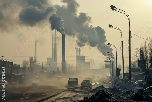Industrial Smokestacks Emitting Pollution in City