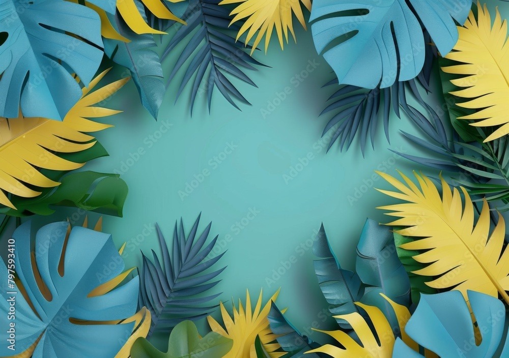 Tropical plants frame the background with copy space in the middle Tropical plants frame the background with copy space in the middle
