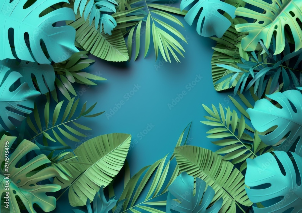 Tropical plants frame the background with copy space in the middle Tropical plants frame the background with copy space in the middle