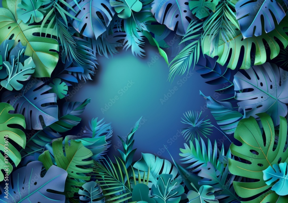 Tropical plants frame the background with copy space in the middle Tropical plants frame the background with copy space in the middle