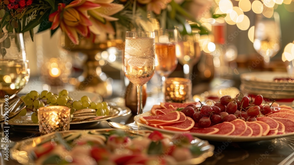 Close up of a plate filled with delicious food arranged on a table for a festive event