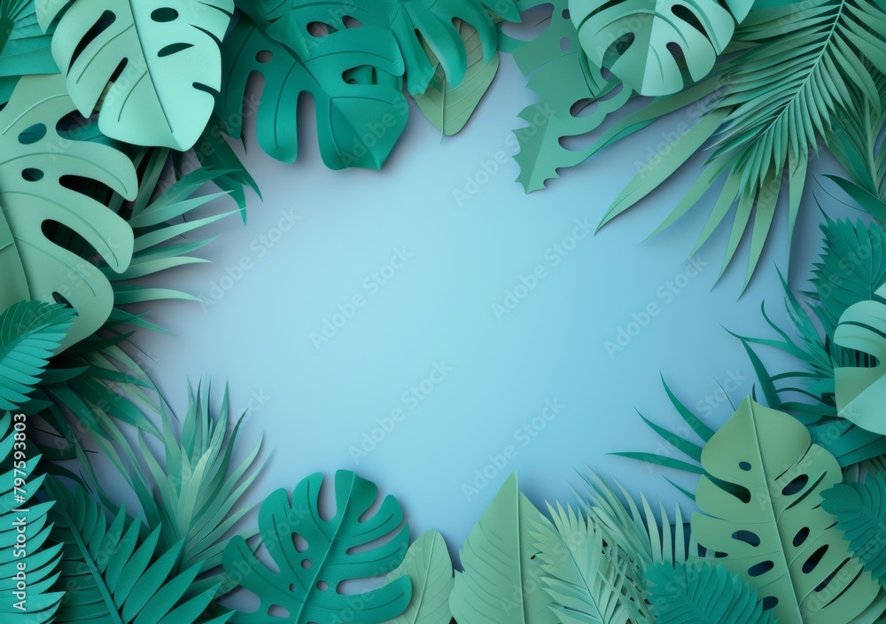 Tropical plants frame the background with copy space in the middle Tropical plants frame the background with copy space in the middle