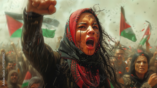 Empowered Arab Woman Protesting with Palestinian Flag, Fist Raised in Solidarity