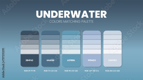 Color palette guide in Underwater colour theme collections. Color inspiration or chart with codes template. Color combination RGB. Colors swatches for graphic design, art, fashion or painting. Vector.