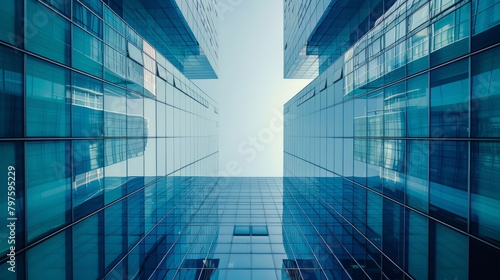 A high-angle view of a very tall glass office building with a multitude of windows  towering against a clear blue sky  showcasing modern architecture