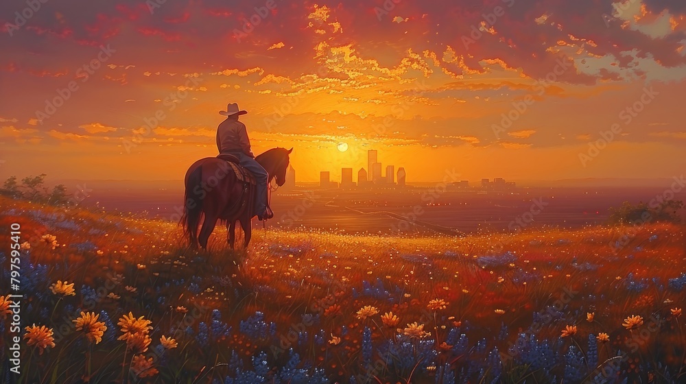 Fototapeta premium A canvas merges urban skyscrapers and Texan prairie life, symbolizing the meeting of city and country. 