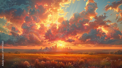 A captivating painting blends towering skyscrapers with the rugged beauty of Texas prairies, an artistic exploration.  photo