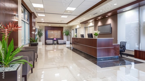 A midrange shot of a modern office lobby showcasing the elegant d  cor and luxurious amenities
