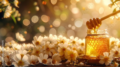 honey, honeycomb background. In the foreground is a glass jar filled with honey. Next to the jar is a wooden honey ladle, from which honey is slowly dripping.