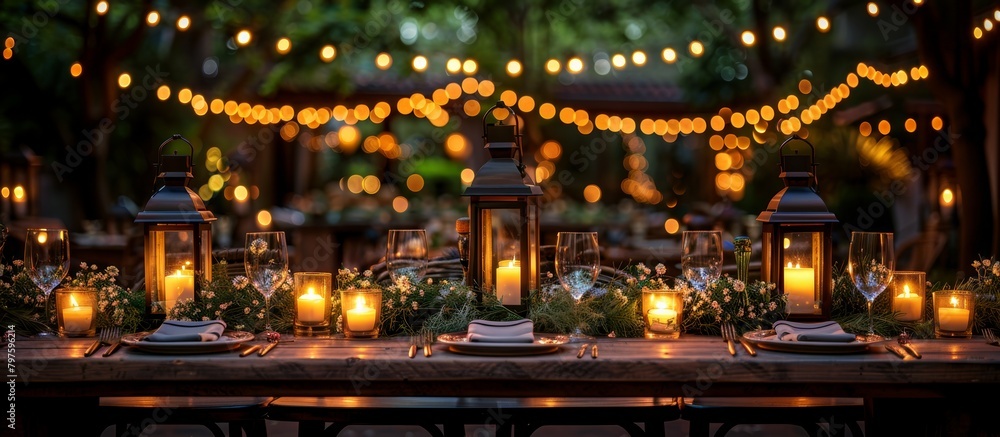 A festive wooden table, adorned with crisp linens, gleams under the soft glow of lanterns and twinkling fairy lights.