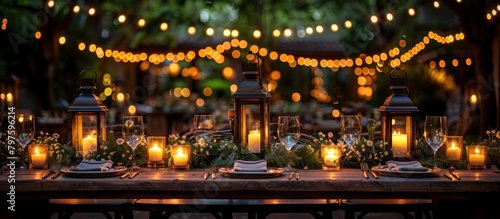 A festive wooden table, adorned with crisp linens, gleams under the soft glow of lanterns and twinkling fairy lights.